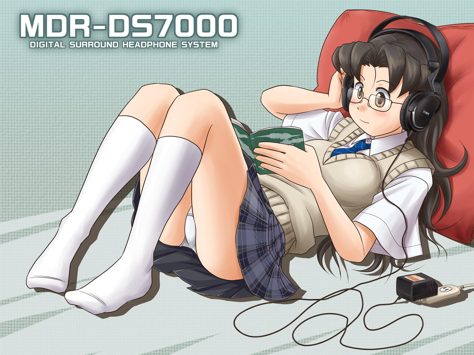 lielos, hikushibe aya, original, sony, highres, 1girl, brown eyes, brown hair, female focus, glasses, headphones, long hair, lying, necktie, panties, pantyshot, reading, school uniform, skirt, socks, solo, underwear, upskirt