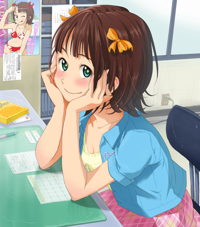 yachiwo, yasuchiki, amami haruka, idolmaster, idolmaster (classic), 00s, 1girl, bikini, blush, brown hair, chair, desk, female focus, green eyes, hair ribbon, head rest, licking lips, ribbon, sitting, smile, solo, swimsuit, tongue, tongue out