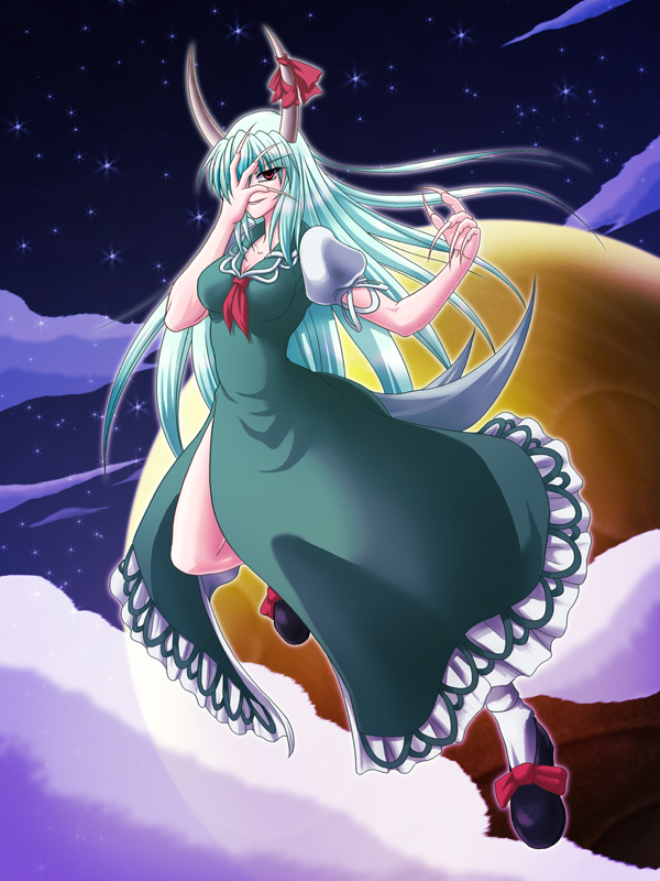 ootsuki wataru, ex-keine, kamishirasawa keine, touhou, bad id, bad pixiv id, 1girl, breasts, claws, cloud, dress, female focus, fingernails, green hair, horns, long fingernails, long hair, moon, nail (hardware), night, red eyes, ribbon, side slit, sky, solo, star (sky), star (symbol), starry sky, tail