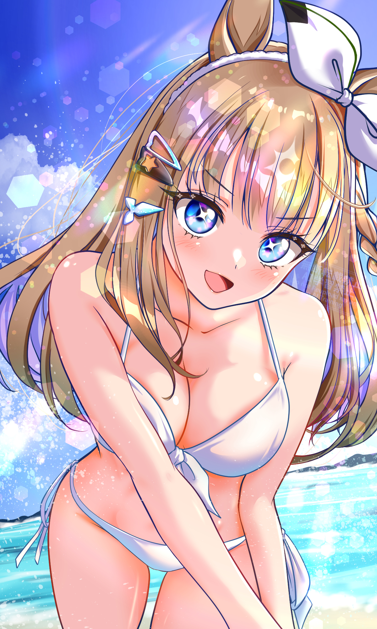kakikakilemon, almond eye (umamusume), umamusume, highres, + +, 1girl, animal ears, bare shoulders, beach, bikini, blue eyes, blue sky, blush, bow, braid, braided sidelocks, breasts, brown hair, cleavage, collarbone, colored inner hair, day, hair between eyes, hair ornament, hairband, hairclip, horse ears, horse girl, large breasts, long hair, looking at viewer, multicolored hair, ocean, open mouth, outdoors, sky, smile, solo, stomach, swimsuit, symbol-shaped pupils, water, white bikini, white hairband, x-shaped pupils