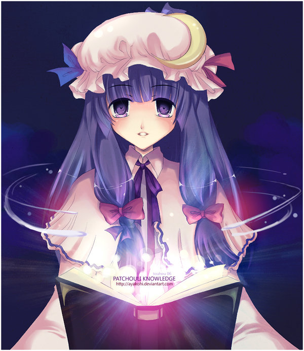 ayakohi, patchouli knowledge, touhou, image sample, 1girl, book, bow, capelet, crescent, crescent moon, female focus, glowing, hair bow, hat, long hair, magic, moon, purple eyes, purple hair, purple theme, ribbon, smile, solo