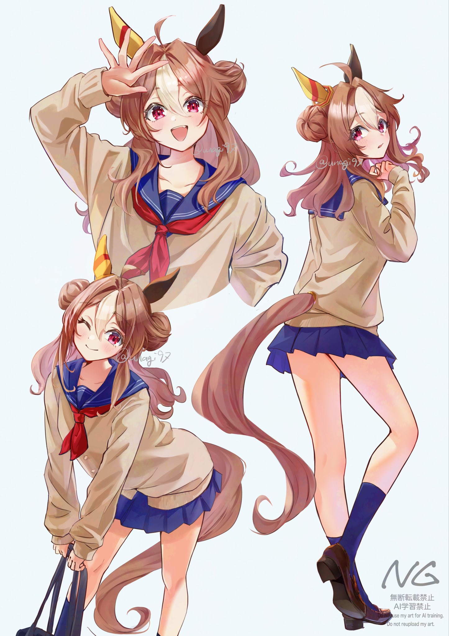 sodemaru unagi, copano rickey (umamusume), umamusume, highres, 1girl, ahoge, animal ears, bag, blue sailor collar, blue skirt, blue socks, blush, breasts, brown cardigan, brown hair, cardigan, closed mouth, double bun, ear covers, fang, hair between eyes, hair bun, horse ears, horse girl, horse tail, long hair, looking at viewer, mismatched ear covers, multicolored hair, neckerchief, one eye closed, open mouth, purple eyes, red neckerchief, sailor collar, school bag, shoes, skirt, smile, socks, streaked hair, tail