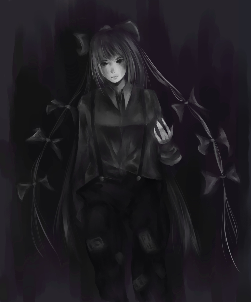 giozeta, fujiwara no mokou, touhou, highres, 1girl, dark, female focus, gradient background, hair ribbon, long hair, monochrome, ribbon, shirt, solo, suspenders, very long hair