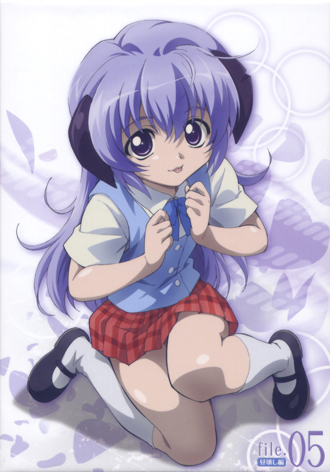 abe tomoyuki, hanyuu, higurashi no naku koro ni, highres, official art, scan, 00s, 1girl, :p, cover, dvd cover, female focus, horns, long hair, mary janes, purple eyes, purple hair, school uniform, shoes, skirt, socks, solo, tongue, tongue out