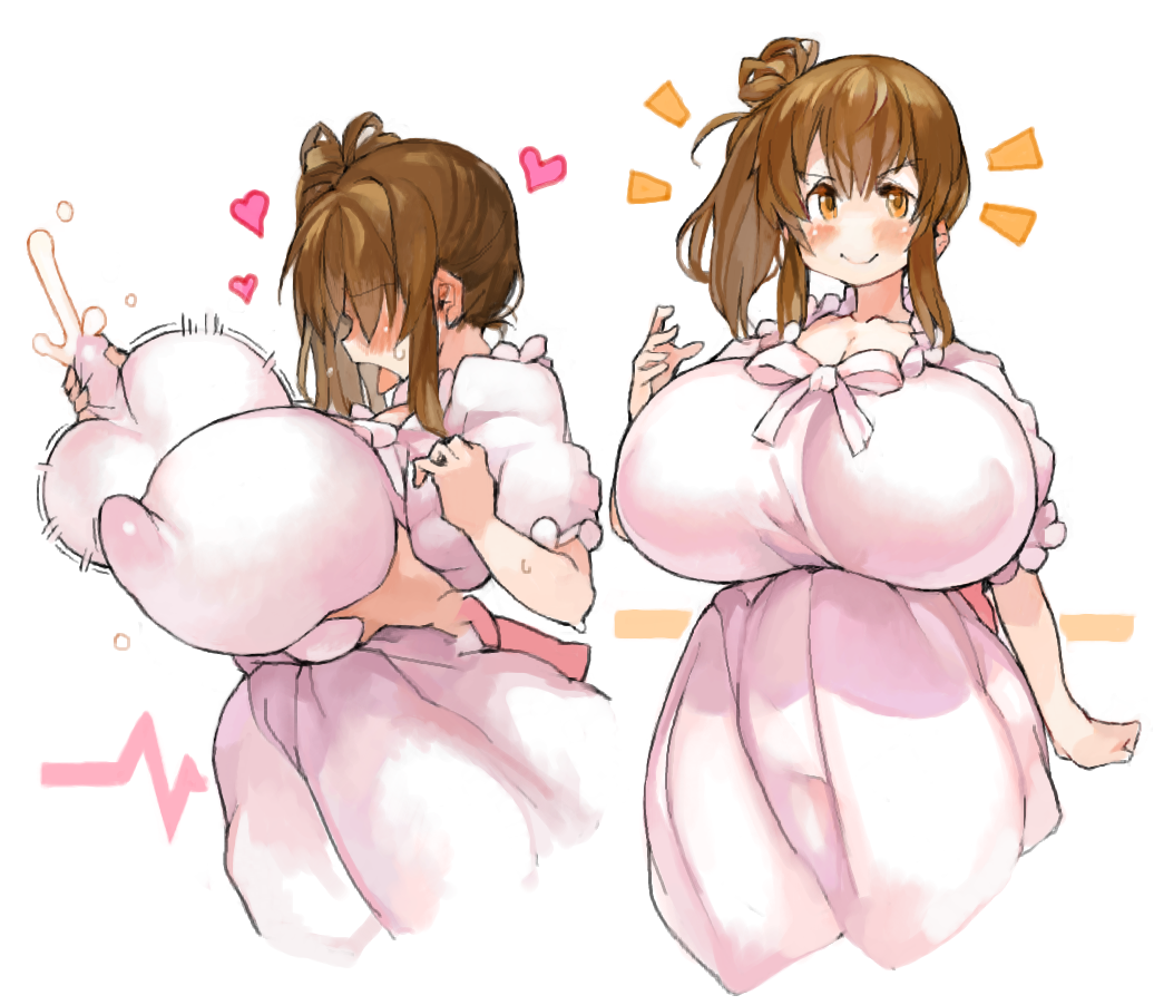 sachito, 1girl, breasts, brown eyes, brown hair, dress, gown, huge breasts, ponytail