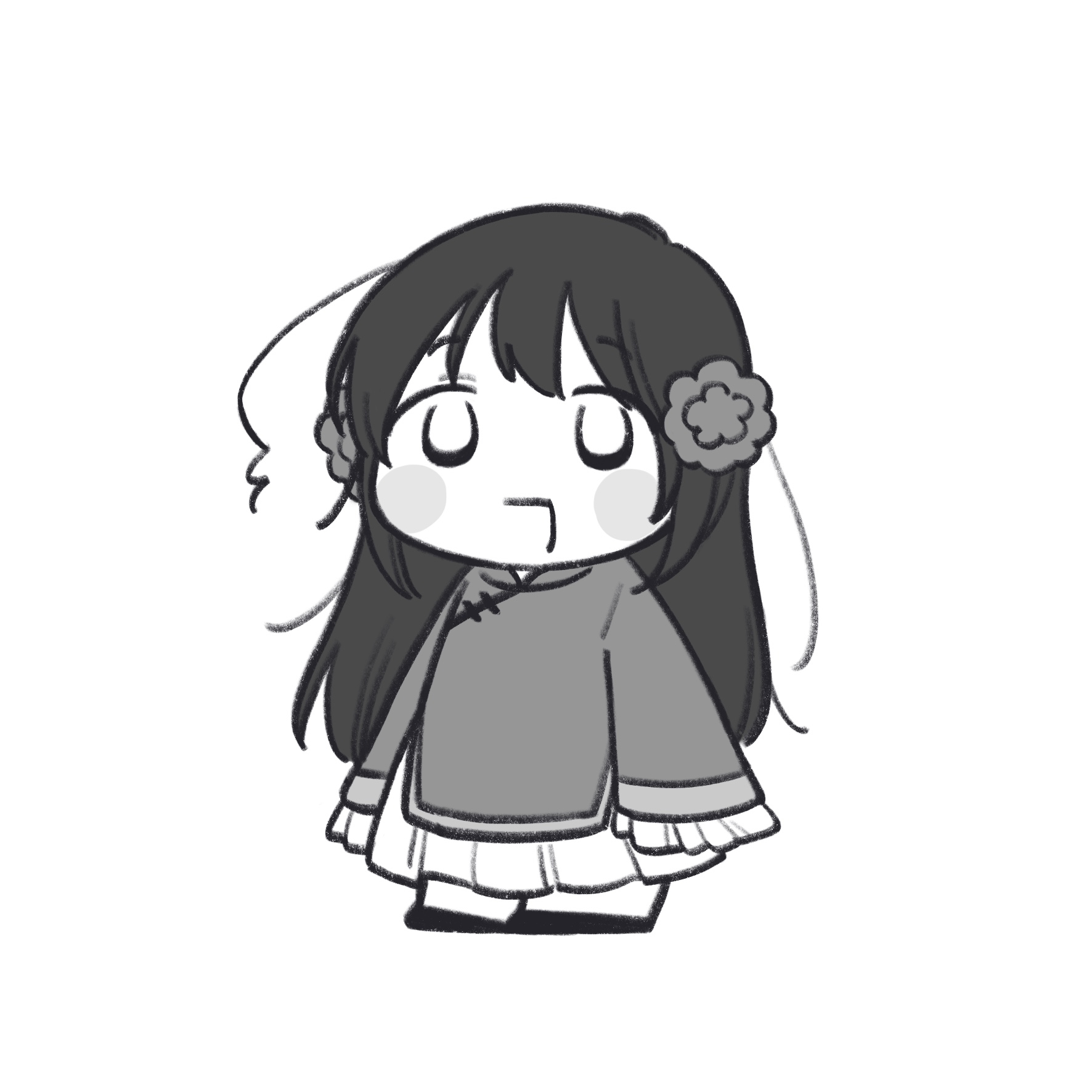 mi aph to, taiwan (hetalia), axis powers hetalia, highres, 1girl, blush stickers, chibi, chibi only, chinese clothes, flower, frills, full body, greyscale, hair between eyes, hair flower, hair ornament, long hair, long sleeves, looking afar, monochrome, open mouth, shirt, shoes, simple background, skirt, smile, solo, standing, wide sleeves
