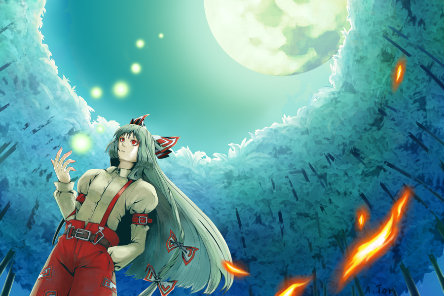 chin (motio7201), mottsun, torii asahi, fujiwara no mokou, touhou, silver hair, 1girl, belt, blue theme, bow, female focus, fire, forest, full moon, hair bow, hair ribbon, hand in pocket, long hair, looking up, moon, multiple hair bows, nature, night, outdoors, red eyes, ribbon, shirt, sky, solo, suspenders, tree, white shirt