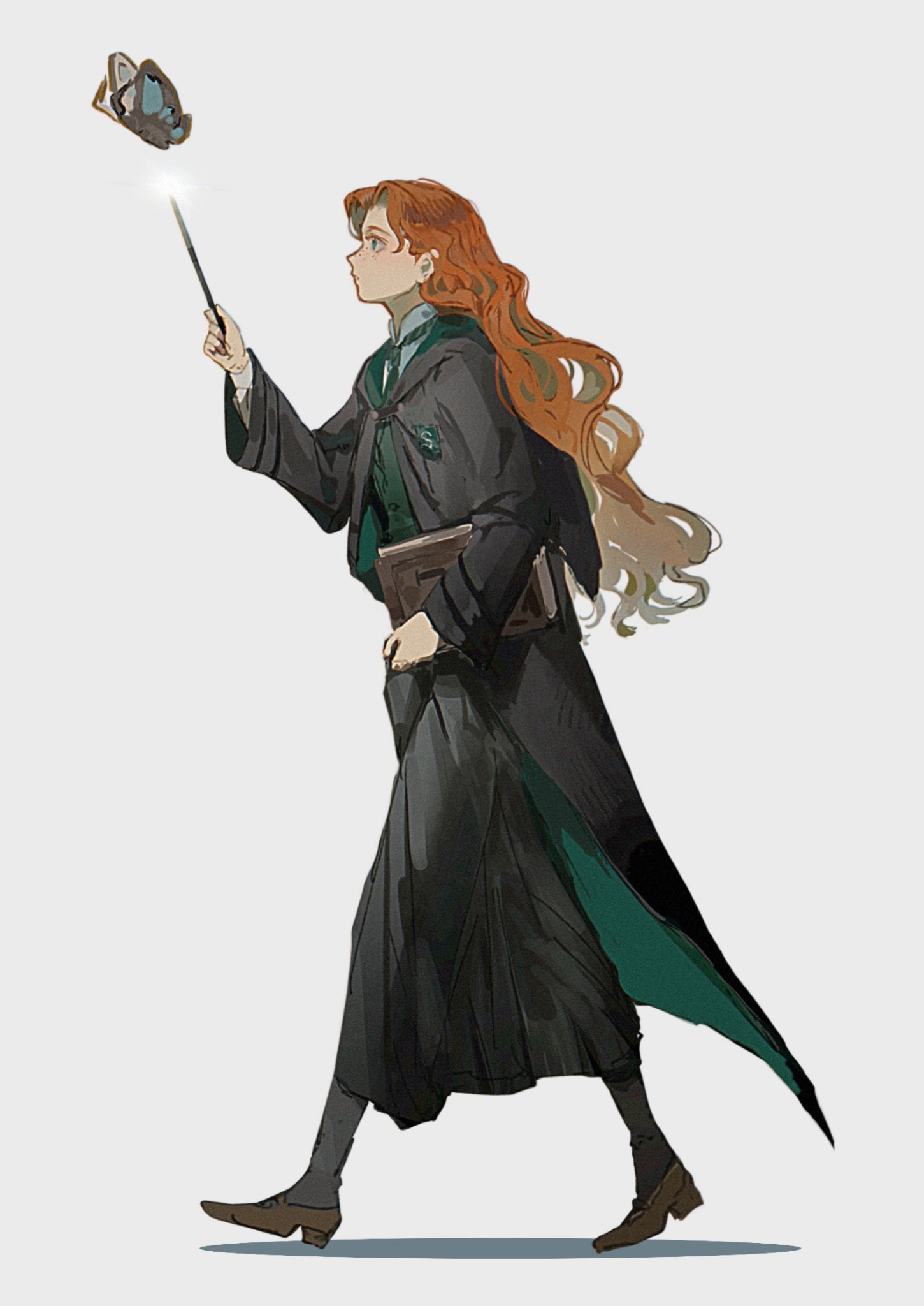 hiiragimare, hogwarts legacy, original, wizarding world, highres, 1girl, black robe, black skirt, black thighhighs, blue eyes, book, brown shoes, bug, butterfly, from side, full body, green necktie, green vest, gynger edventray (hiiragimare), hogwarts school uniform, holding, holding book, holding wand, hooded robe, insect, long hair, long skirt, mary janes, necktie, red hair, robe, school uniform, shirt, shoes, simple background, skirt, slytherin, solo, thighhighs, vest, walking, wand, white background, white shirt