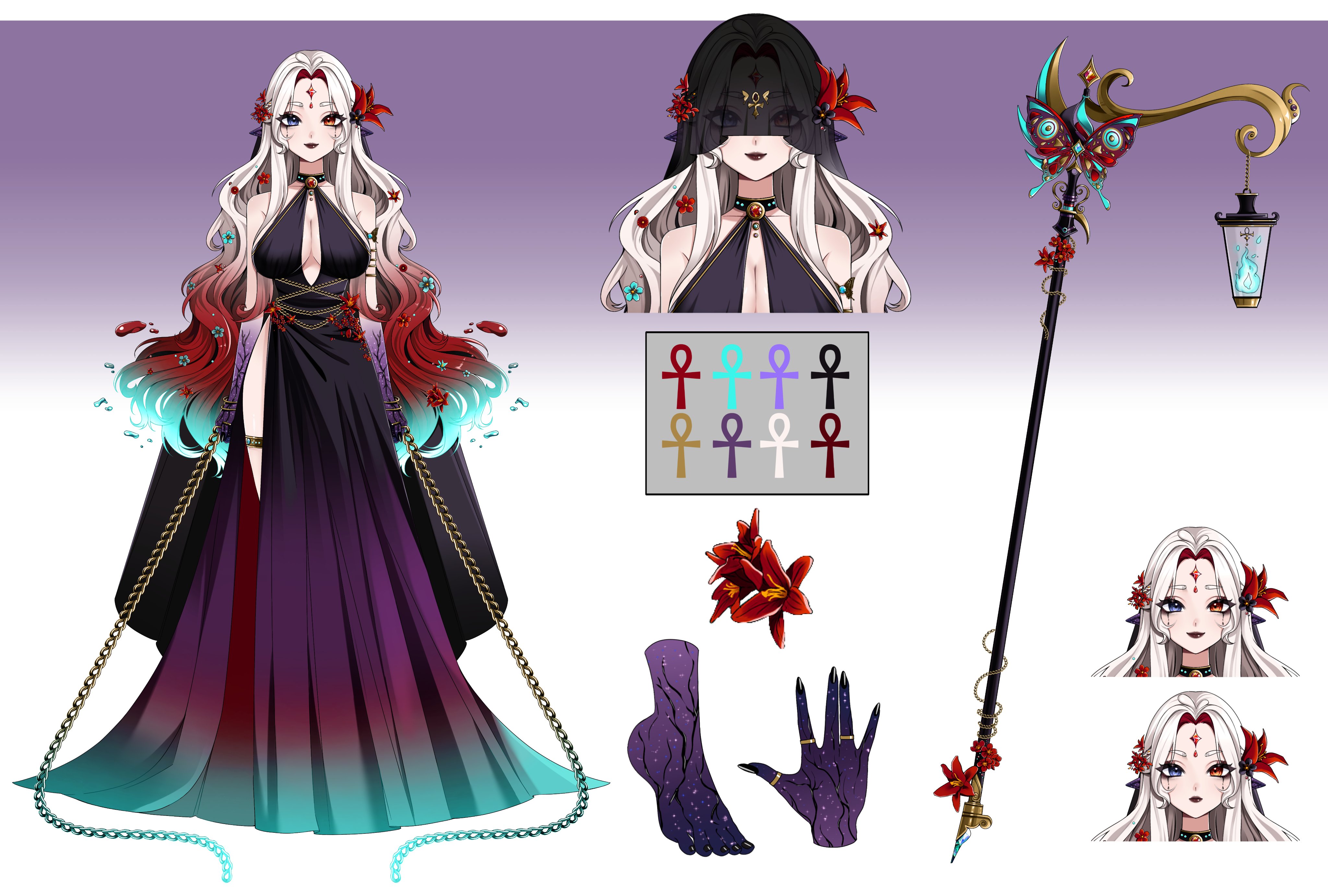 frorinha, original, absurdres, highres, portuguese commentary, second-party source, ankh, aqua dress, aqua hair, black dress, black nails, black veil, blue eyes, carol (lilum), chain, dress, flower, gradient clothes, gradient dress, gradient hair, hair flower, hair ornament, halterneck, heterochromia, lamp, lily (flower), multicolored hair, orange eyes, purple dress, purple hands, red hair, reference sheet, scepter, veil, white hair