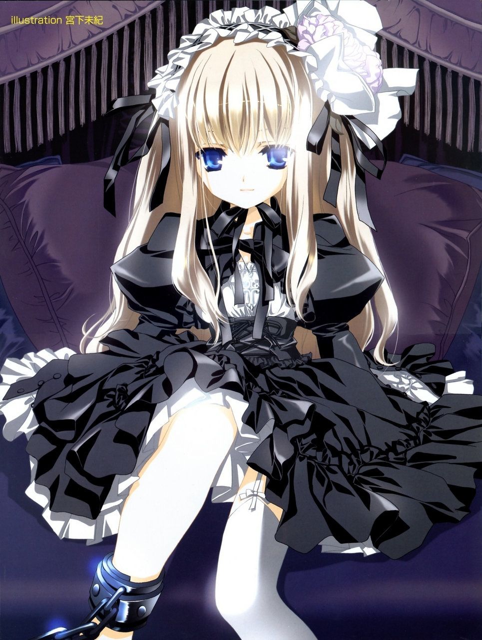 miyashita miki, highres, 1girl, black dress, blonde hair, blue eyes, dress, feet, female focus, garter belt, gothic lolita, legs, lolita fashion, petticoat, sitting, solo, thighhighs