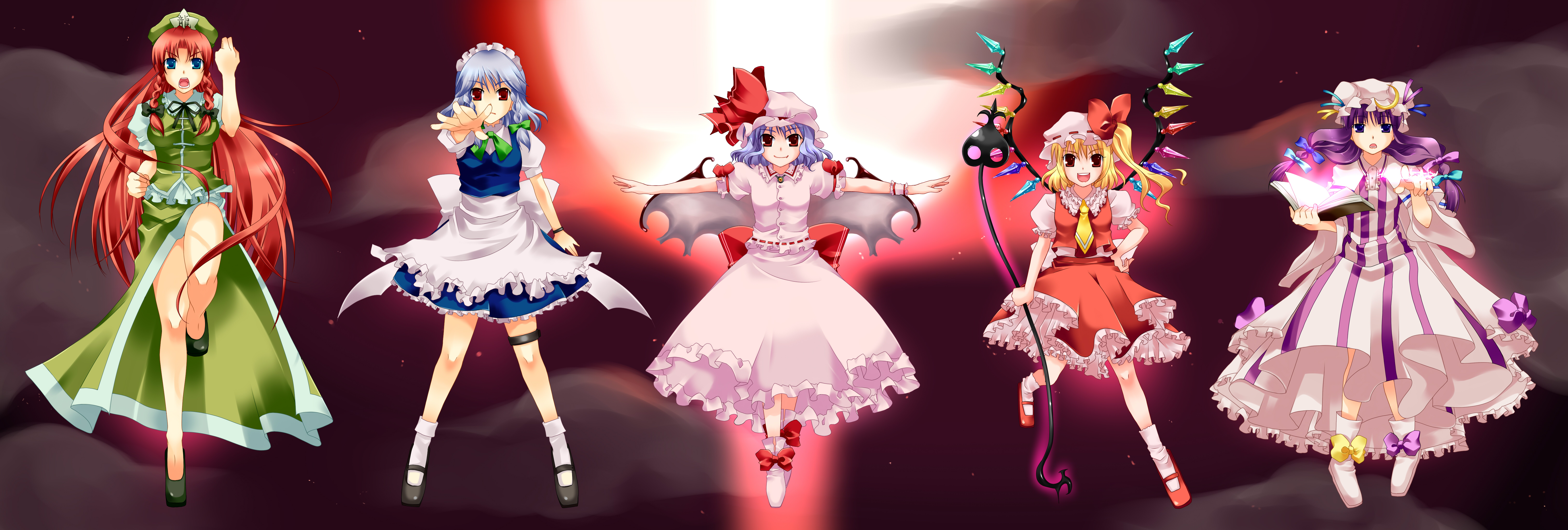 erika (mare serenitatis), maresere, flandre scarlet, hong meiling, izayoi sakuya, patchouli knowledge, remilia scarlet, embodiment of scarlet devil, touhou, light purple hair, silver hair, absurdres, bad id, bad pixiv id, highres, long image, wide image, 5girls, bat wings, blonde hair, blue eyes, book, braid, china dress, chinese clothes, dress, female focus, full body, gradient background, hairband, hat, long hair, maid, moon, multiple girls, one side up, outdoors, outstretched arms, ponytail, purple eyes, purple hair, red eyes, red hair, red moon, ribbon, short hair, side ponytail, skirt, sky, spread arms, twin braids, wings