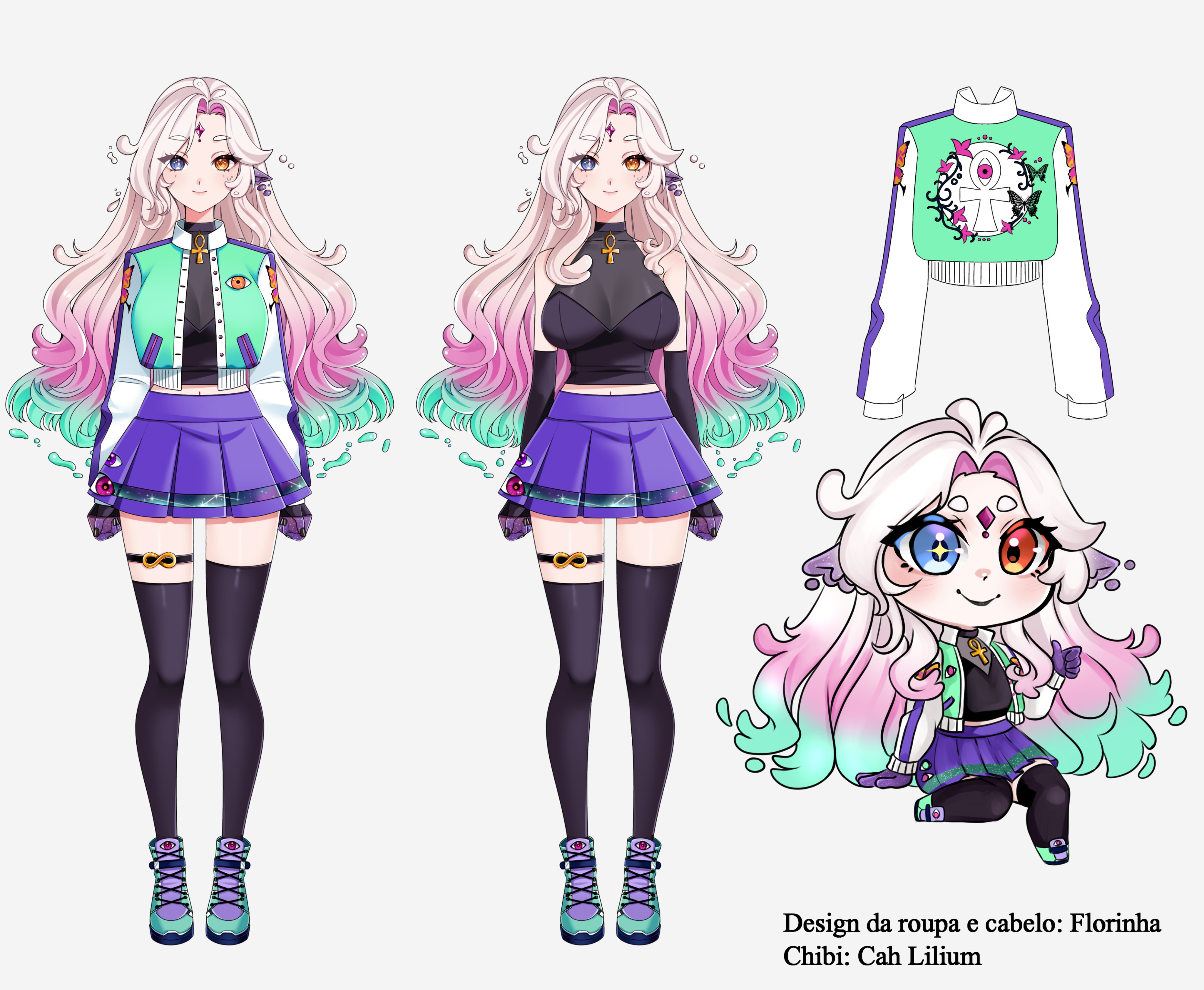 frorinha, lilum, original, absurdres, highres, second-party source, ankh necklace, aqua hair, aqua shoes, black nails, black thighhighs, carol (lilum), chibi, forehead jewel, jacket, miniskirt, pink hair, purple hands, purple skirt, reference sheet, shoes, skirt, thigh strap, thighhighs