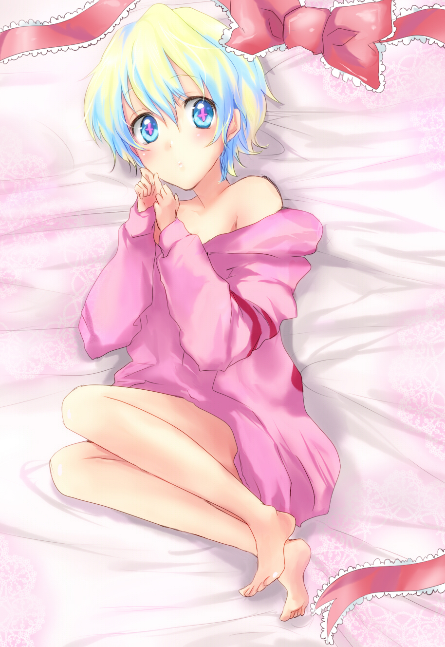 the starry skies, nia teppelin, tengen toppa gurren lagann, bad id, bad pixiv id, highres, + +, 00s, 1girl, alternate hairstyle, bad anatomy, bad proportions, bare shoulders, barefoot, bow, feet, female focus, full body, jacket, multicolored hair, poorly drawn, ribbon, short hair, solo