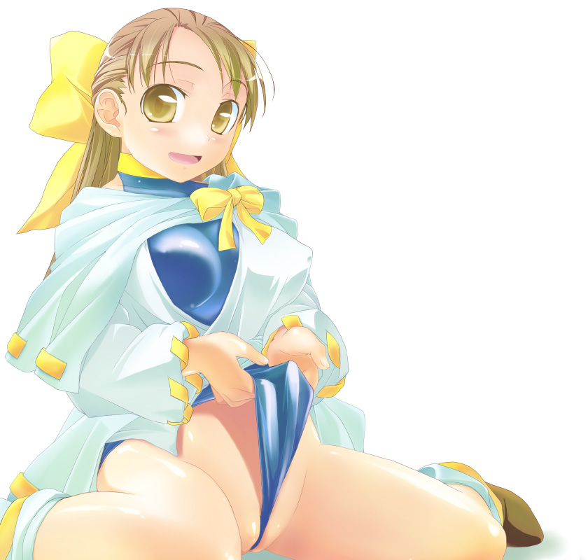 himizuki kazusa, trisha foster, yuukyuu gensoukyoku, 1girl, bow, breasts, brown hair, cleavage, crotch rub, female focus, hair ornament, large breasts, leotard, long hair, looking at viewer, ribbon, simple background, sitting, smile, solo, wariza, wedgie, white background, yellow eyes