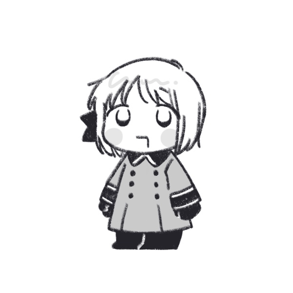 mi aph to, liechtenstein (hetalia), axis powers hetalia, 1girl, blush stickers, boots, bow, buttons, chibi, chibi only, collared coat, full body, gloves, greyscale, hair bow, long sleeves, looking afar, military, military uniform, monochrome, open mouth, short hair, simple background, smile, solo, standing