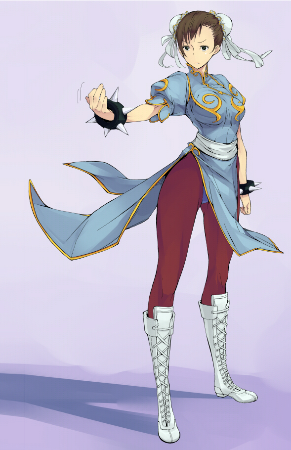 amami amayu, chun-li, capcom, street fighter, 1girl, beckoning, bracelet, brown eyes, brown hair, bun cover, china dress, chinese clothes, double bun, dress, female focus, hair bun, jewelry, pantyhose, pelvic curtain, solo, spiked bracelet, spikes, thighs