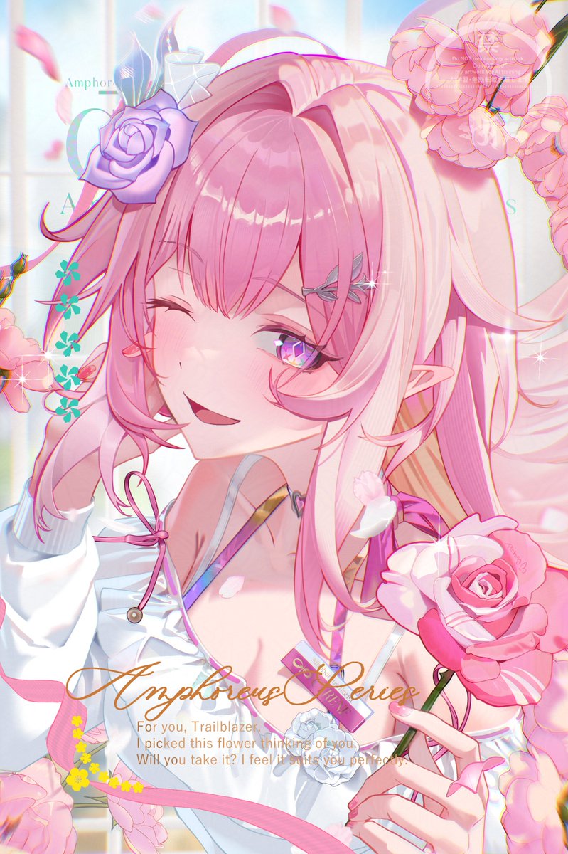 ttorong, cyrene (honkai: star rail), cyrene (ripples of past reverie) (honkai: star rail), honkai: star rail, honkai (series), commentary, english commentary, highres, 1girl, ;o, breasts, cleavage, diamond-shaped pupils, diamond (shape), flower, hair flower, hair ornament, holding, holding flower, large breasts, long hair, looking at viewer, one eye closed, pink hair, pointy ears, purple eyes, shirt, solo, symbol-shaped pupils, upper body, very long hair, white shirt