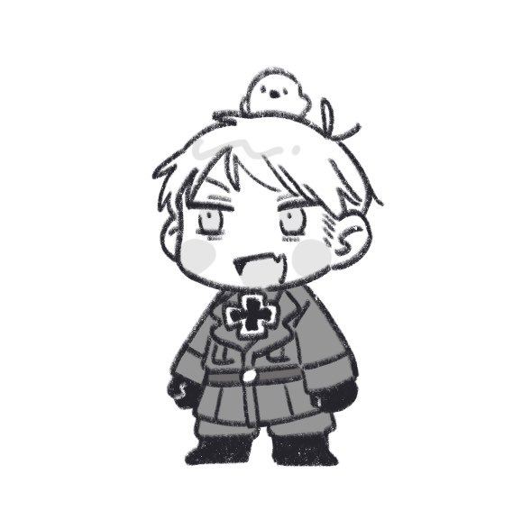 mi aph to, gilbird, prussia (hetalia), axis powers hetalia, 1boy, animal, animal on head, baggy pants, beak, belt, bird, bird on head, bird wings, blush stickers, boots, chibi, chibi only, cross, fang, full body, gloves, greyscale, iron cross, jacket, lapels, long sleeves, looking afar, male focus, military, military jacket, military uniform, monochrome, on head, open mouth, pants, pet, short hair, simple background, skin fang, smile, solo, standing, wings