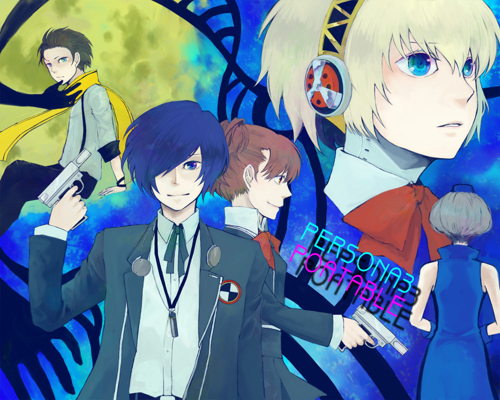 easyd, aigis (persona), elizabeth (persona), mochizuki ryouji, shiomi kotone, yuuki makoto (persona 3), atlus, persona, persona 3, persona 3 portable, bad id, bad pixiv id, 2boys, 3girls, android, black hair, blonde hair, blue eyes, blue hair, bow, brown eyes, brown hair, gun, gun to head, hat, headband, headphones, holding, holding gun, holding weapon, multiple boys, multiple girls, scarf, school uniform, short hair, smile, suspenders, weapon, white hair