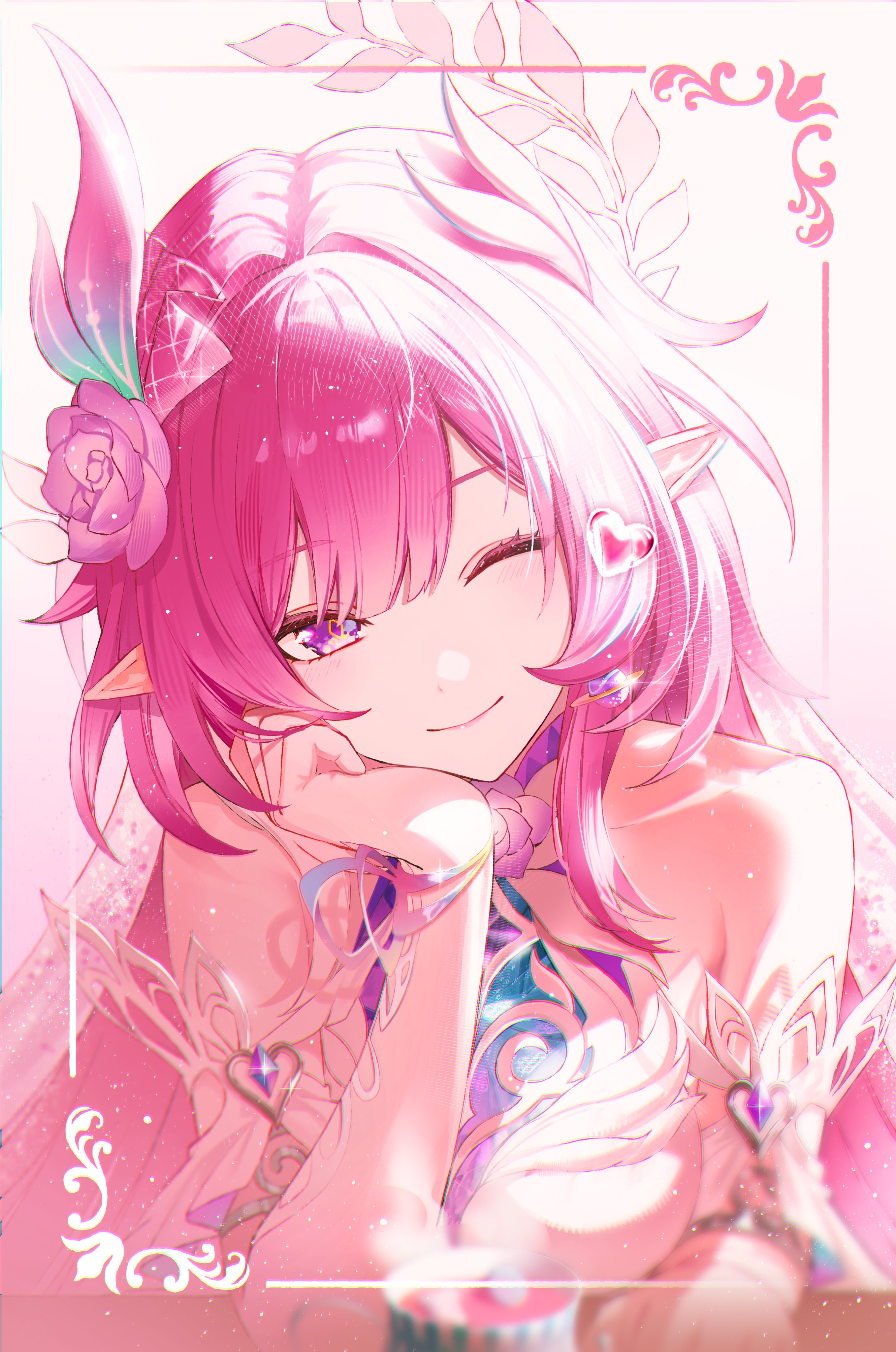 isobe47, cyrene (honkai: star rail), cyrene (ripples of past reverie) (honkai: star rail), honkai: star rail, honkai (series), absurdres, commentary, highres, 1girl, ;), bare shoulders, breasts, diamond-shaped pupils, diamond (shape), dress, flower, hair flower, hair ornament, halo, heart, large breasts, long hair, looking at viewer, one eye closed, pink hair, pointy ears, purple eyes, smile, solo, symbol-shaped pupils, upper body, very long hair, white dress