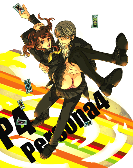 nishi juuji, kujikawa rise, narukami yu, atlus, persona, persona 4, 1boy, 1girl, ass, card, carrying, legs, nikokorozashi juuji, panties, pink panties, school uniform, skirt, tarot, tarot card, twintails, underwear, upskirt