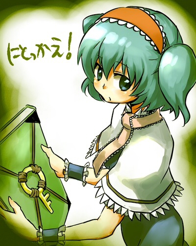 asa fuyu, hats260, mafuyu hemp, alice margatroid, kawashiro nitori, touhou, lowres, 1girl, alice margatroid (cosplay), blue eyes, blue hair, book, cosplay, female focus, hairband, key, matching hair/eyes, short hair, solo, twintails, two side up, wrist cuffs