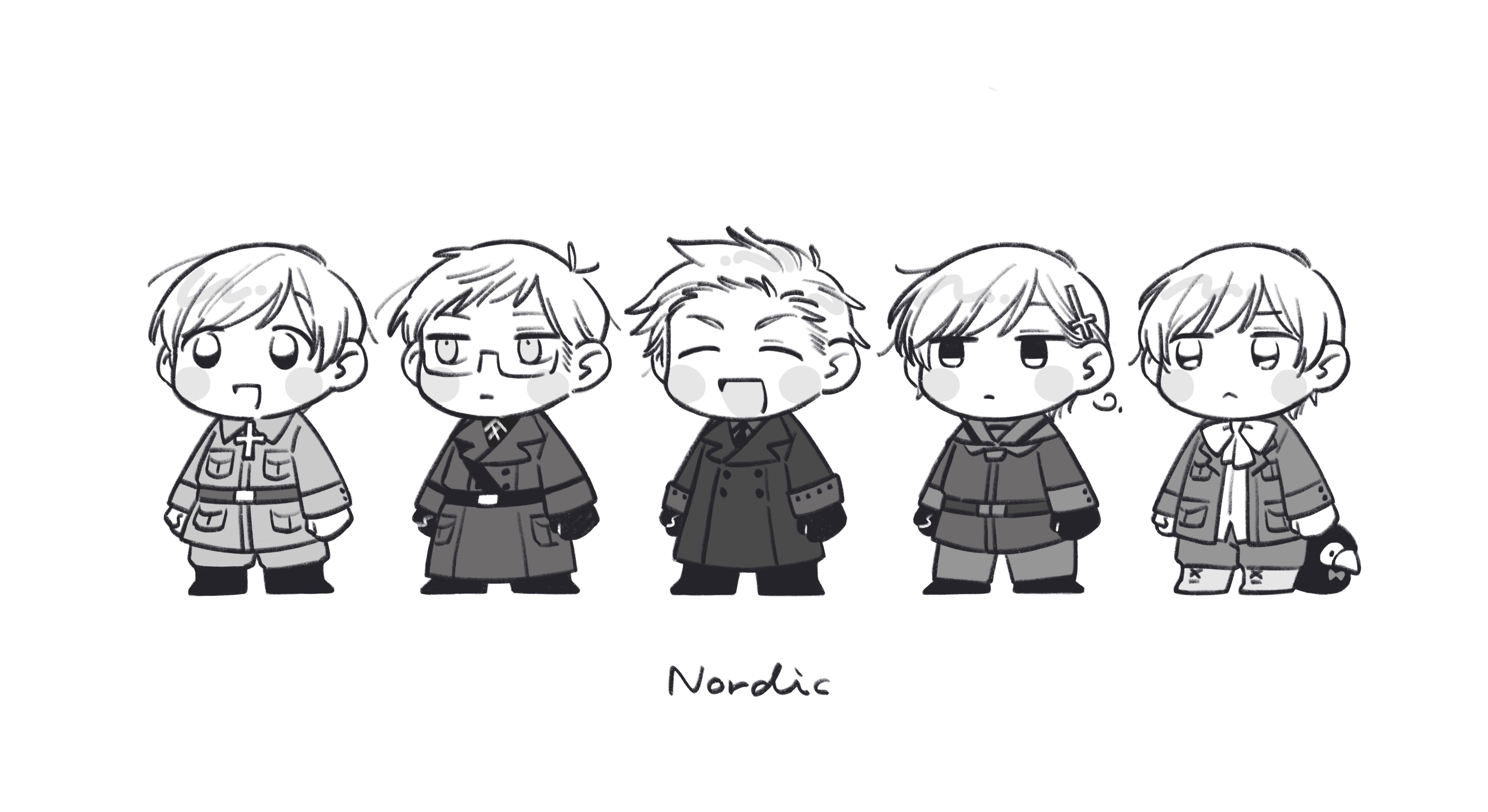 mi aph to, denmark (hetalia), finland (hetalia), iceland (hetalia), norway (hetalia), sweden (hetalia), axis powers hetalia, absurdres, commentary request, highres, 5boys, :<, baggy pants, belt, blush stickers, boots, bow, bowtie, breast pocket, buttons, chibi, chibi only, clenched hands, closed eyes, closed mouth, coat, collared jacket, collared shirt, cross, cross hair ornament, english text, full body, glasses, gloves, greyscale, hair ornament, half-closed eyes, jacket, lapels, long sleeves, looking afar, male focus, military, military jacket, military uniform, monochrome, multiple boys, necktie, open clothes, open jacket, open mouth, pants, pocket, sailor collar, semi-rimless eyewear, shirt, simple background, smile, standing, stuffed animal, stuffed penguin, stuffed toy, v-shaped eyebrows