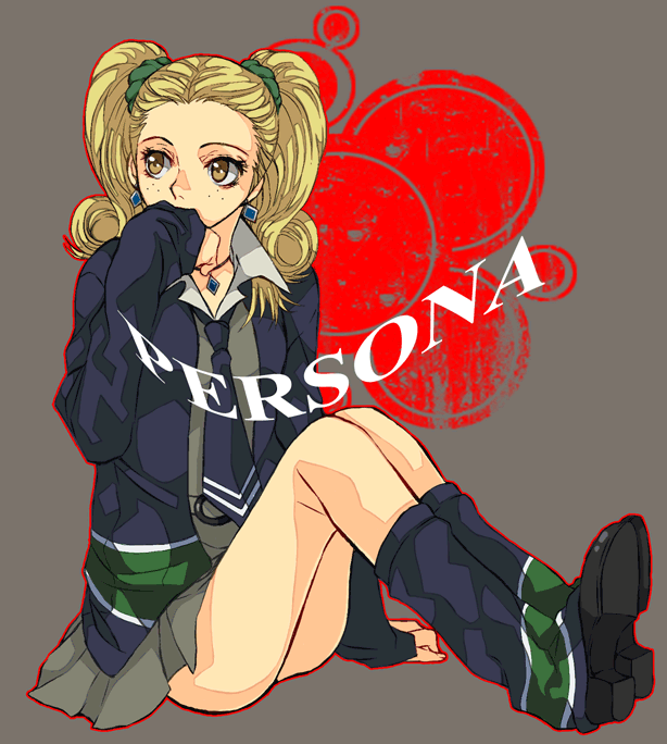 nishi juuji, ayase yuka, atlus, persona, persona 1, 1girl, blonde hair, brown eyes, cardigan, earrings, female focus, freckles, gyaru, jewelry, kogal, legs, long sleeves, loose socks, necktie, nikokorozashi juuji, school uniform, scrunchie, skirt, sleeves past wrists, socks, solo, twintails