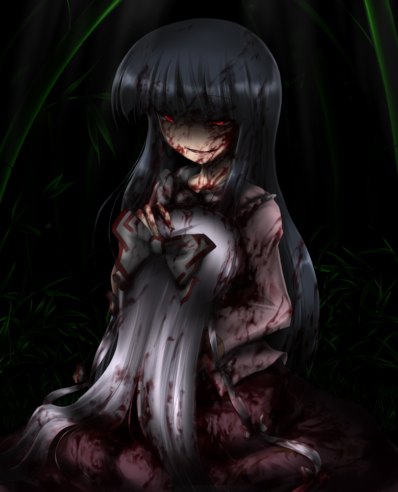 shimo (depthbomb), fujiwara no mokou, houraisan kaguya, touhou, silver hair, 2girls, black hair, blood, creepy, evil grin, evil smile, female focus, grin, guro, hair ribbon, horror (theme), hug, multiple girls, red eyes, ribbon, severed head, smile, yandere