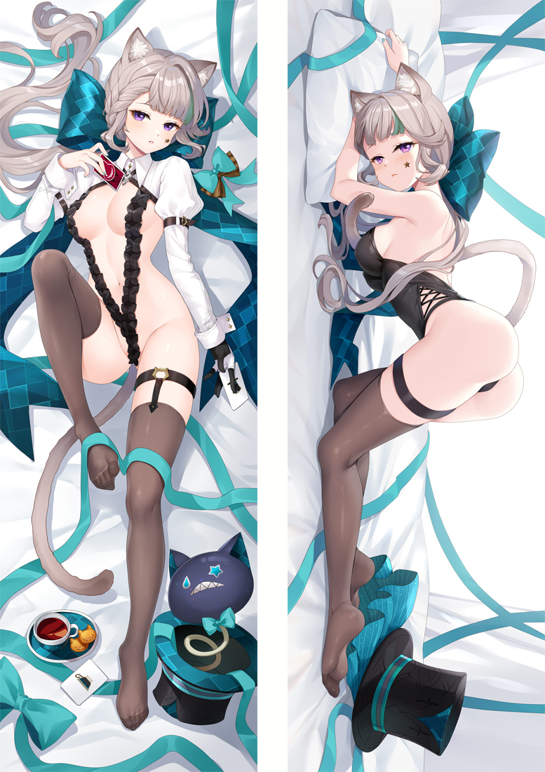 moeanime, lynette (genshin impact), genshin impact, commentary request, 1girl, animal ears, aqua ribbon, ass, black hat, black leotard, bow, braid, breasts, brown pantyhose, cat ears, cat girl, cat tail, dakimakura (medium), grey hair, hair bow, hat, juliet sleeves, leotard, long hair, long sleeves, low ponytail, medium breasts, multiple views, pantyhose, ponytail, puffy sleeves, ribbon, tail, thigh strap, thighhighs, top-down bottom-up, top hat, unworn hat, unworn headwear, very long hair