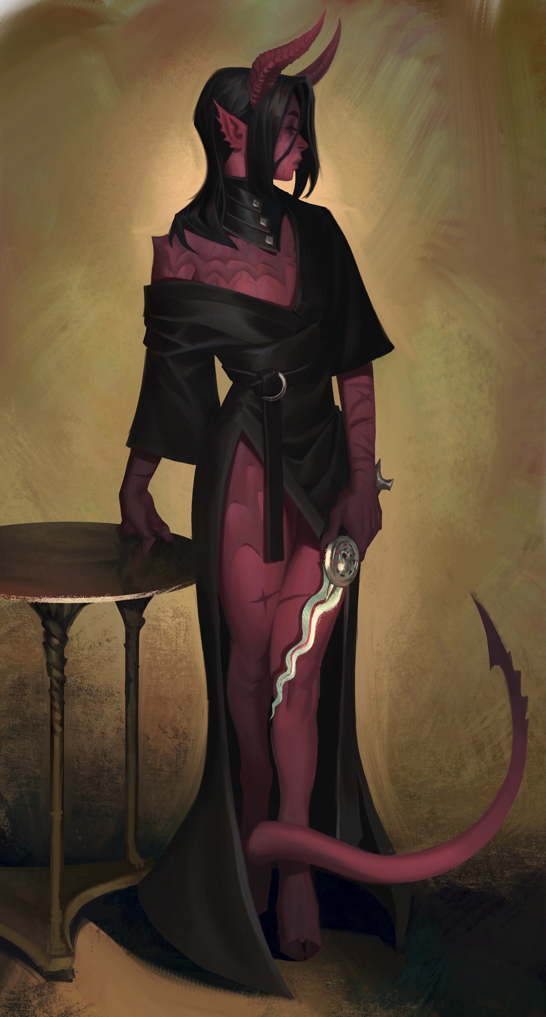 sweetlychii, the dark urge (baldur's gate), baldur's gate, baldur's gate 3, dungeons & dragons, dungeons & dragons, original, highres, 1girl, alastar (sweetlychii), barefoot, black dress, black hair, brown background, colored skin, demon girl, demon horns, demon tail, dress, fine art parody, full body, gradient background, holding, holding knife, hooves, horns, knife, long hair, long sleeves, looking to the side, lychii, off shoulder, parody, pointy ears, portrait of madame x, profile, red skin, scar, scar on arm, single bare shoulder, solo, table, tail