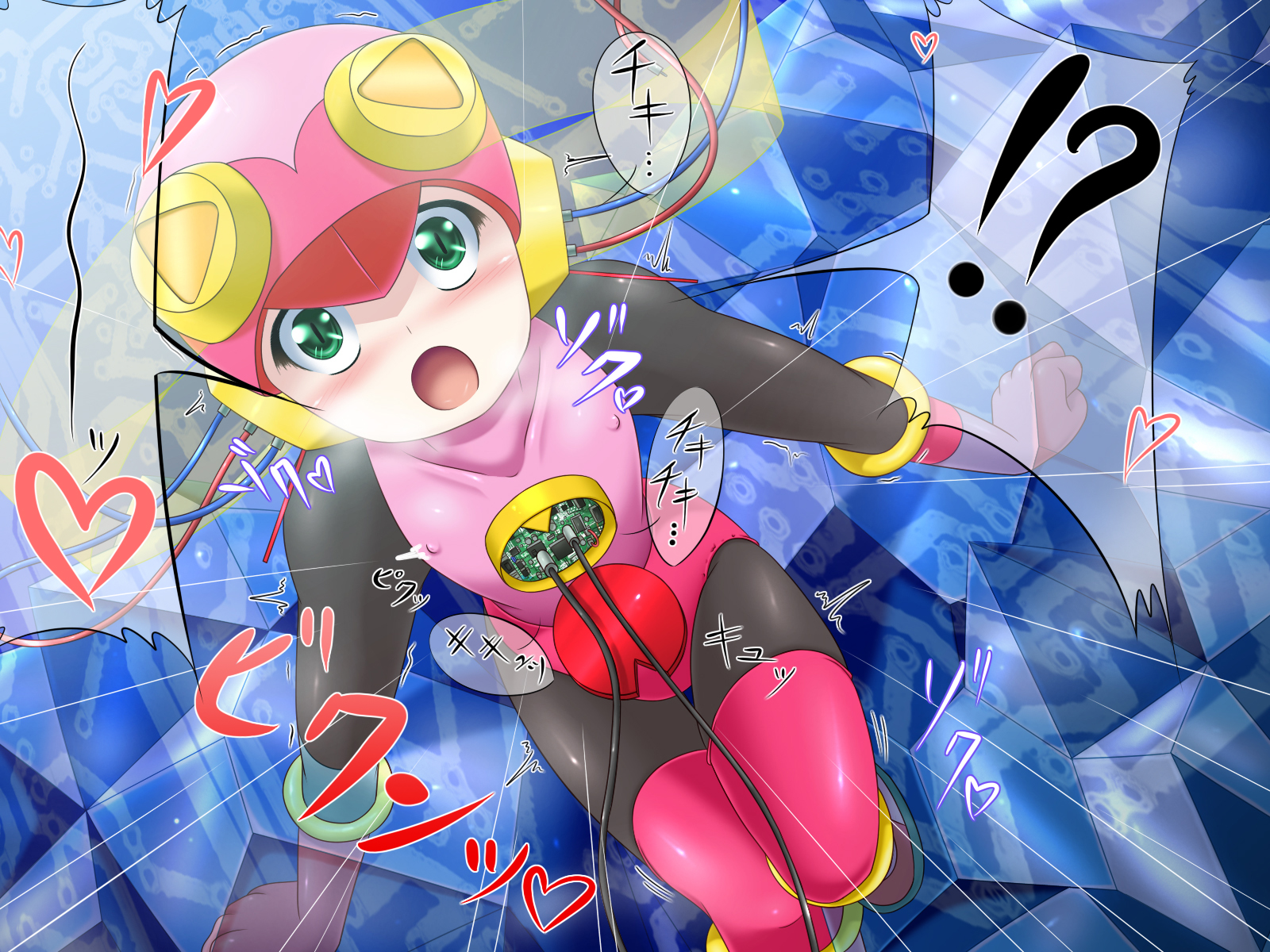 miso panda, roll.exe (mega man), capcom, mega man (series), mega man battle network, mega man battle network (series), highres, 00s, 1girl, blonde hair, bodysuit, covered erect nipples, female focus, flat chest, green eyes, hacking, latex, leotard, mind control, solo, thighhighs, trembling, wire