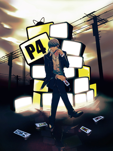 nishi juuji, narukami yu, atlus, persona, persona 4, 1boy, card, glasses, male focus, nikokorozashi juuji, solo, tarot, tarot card, television