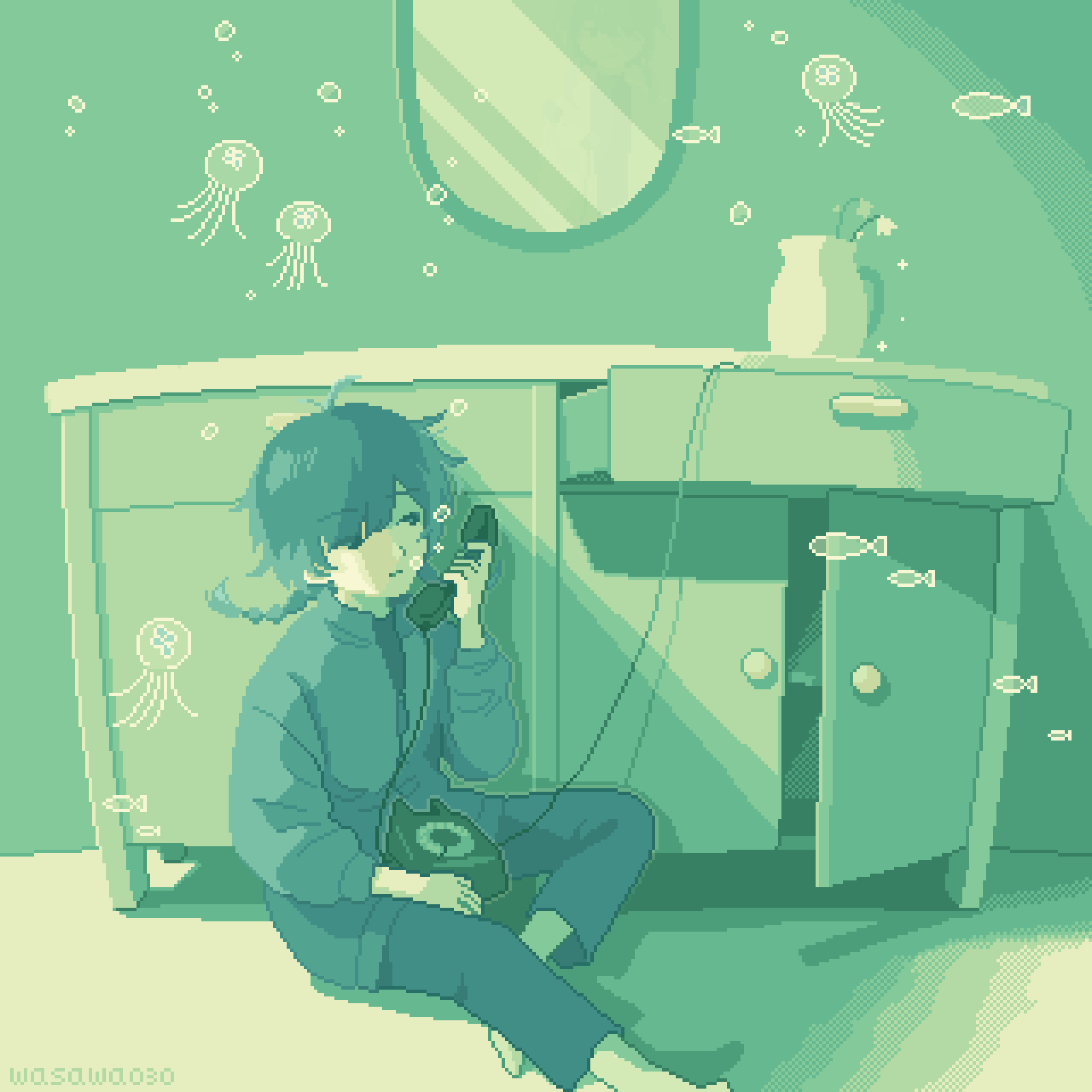 original, commentary request, highres, 1girl, air bubble, antique phone, braid, bubble, cabinet, corded phone, dithering, drawer, fish, green theme, jellyfish, mirror, monochrome, on floor, pants, phone, pixel art, receiver, rotary phone, sitting, solo, twin braids, wasawa030