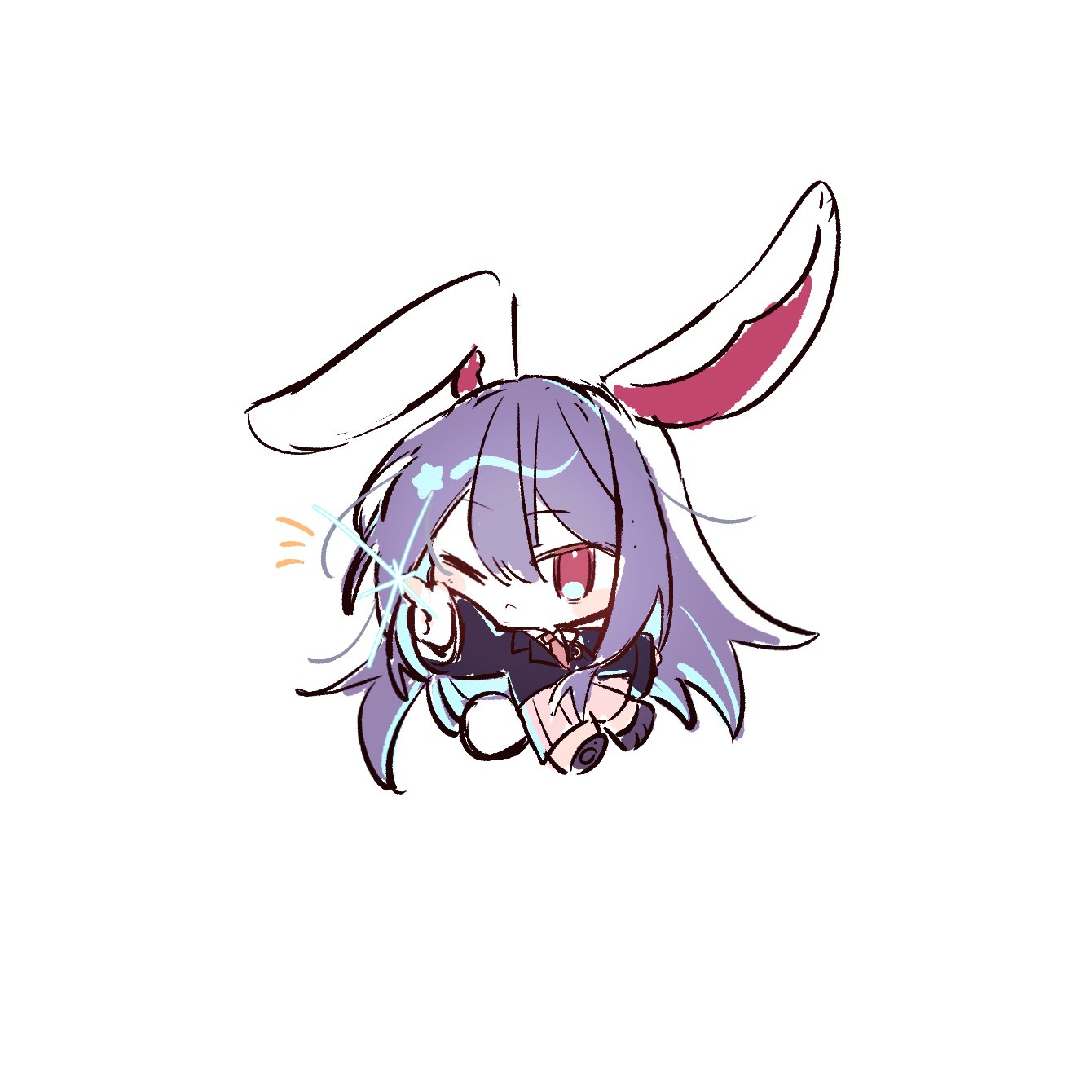 eye (chick1116), reisen udongein inaba, touhou, highres, 1girl, animal ears, black jacket, chibi, chibi only, full body, index finger raised, jacket, long hair, looking at viewer, one eye closed, pink skirt, purple hair, rabbit ears, rabbit girl, rabbit tail, simple background, skirt, solo, tail, white background