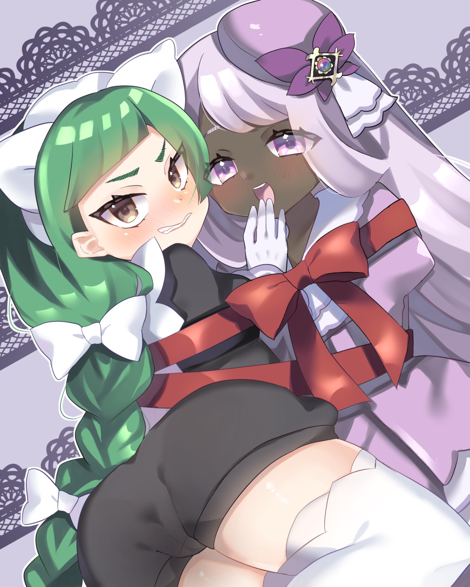 jacinthe (pokemon), lebanne (pokemon), nintendo, pokemon, pokemon legends: z-a, master and servant, highres, 2girls, apron, ascot, ass, black romper, blunt bangs, blush, bow, braid, braided ponytail, clenched teeth, dark-skinned female, dark skin, dress, frilled ascot, frills, glove bow, gloves, green hair, juliet sleeves, long braid, long hair, long sleeves, low drills, maid apron, maid headdress, multiple girls, n2m97, open mouth, pink lips, puffy sleeves, purple dress, purple eyes, purple hair, romper, smile, teeth, thighhighs, tsurime, v-shaped eyebrows, very dark skin, white bow, white gloves, white thighhighs