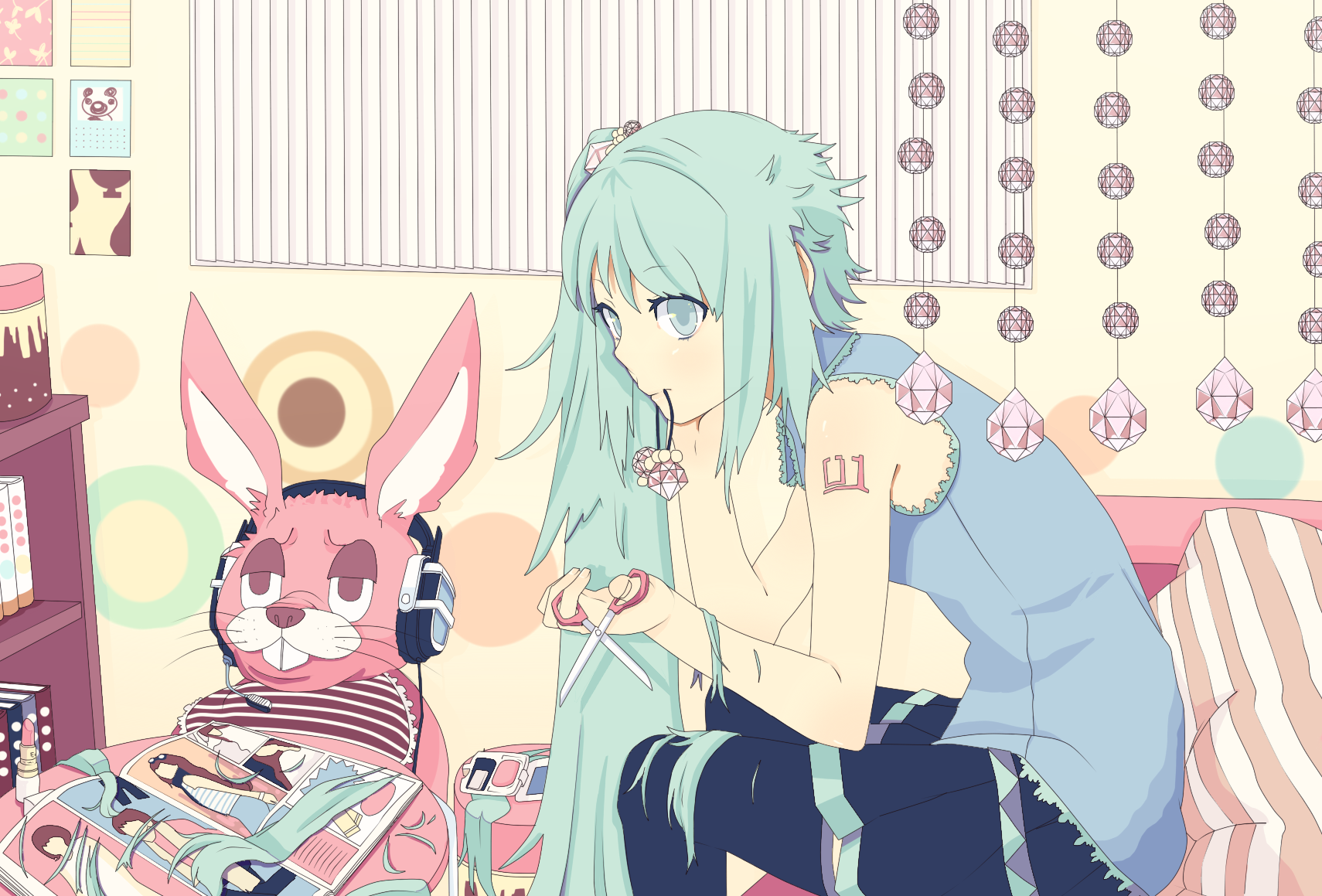 garakuta omocha, koyoi mitsuki, hatsune miku, lol -lots of laugh- (vocaloid), vocaloid, bad id, bad piapro id, highres, 1girl, alternate hairstyle, aqua eyes, aqua hair, cutting, cutting hair, female focus, headphones, indoors, lipstick, long hair, magazine (object), makeup, rabbit, scissors, sitting, skirt, solo, twintails