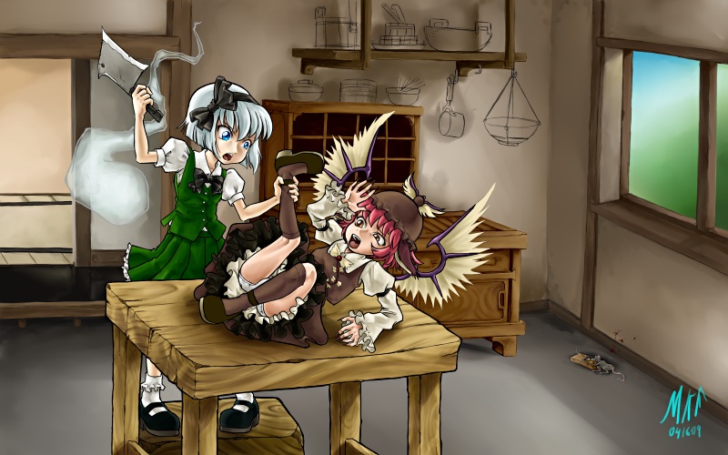 madkoifish, konpaku youmu, konpaku youmu (ghost), mystia lorelei, touhou, mouse, bad end, blood, hatchet, mousetrap, panties, underwear, upskirt