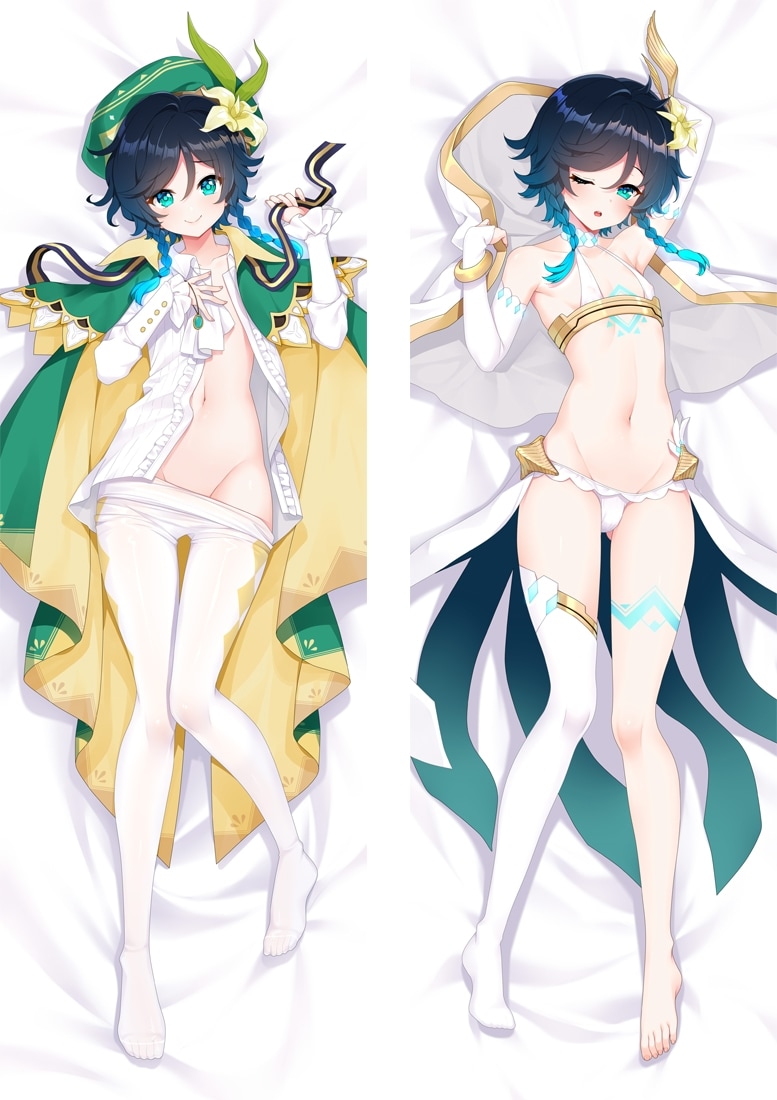 moeanime, venti (archon) (genshin impact), venti (genshin impact), genshin impact, commentary request, 1boy, bare shoulders, barefoot, bed sheet, beret, black hair, blue hair, blush, braid, briefs, cape, capelet, cloak, clothes pull, dakimakura (medium), flower, frilled sleeves, frills, gem, gradient hair, green eyes, green hat, hair flower, hair ornament, hat, jewelry, leaf, leg tattoo, long sleeves, looking at viewer, lying, male focus, male underwear, midriff, multicolored hair, multiple views, navel, no shoes, on back, one eye closed, open mouth, pantyhose, pantyhose pull, ribbon, shorts, simple background, single thighhigh, smile, tattoo, thighhighs, trap, twin braids, underwear, undressing, white flower, white pantyhose, white thighhighs