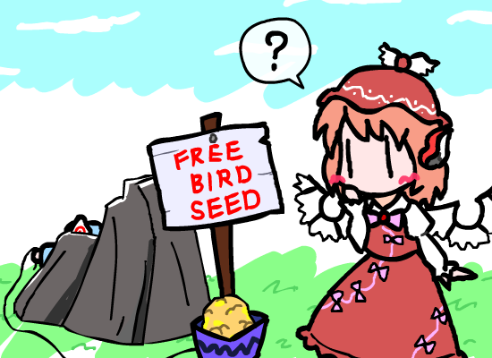mystia lorelei, saigyouji yuyuko, touhou, 2girls, ?, english text, female focus, hat, hiding, multiple girls, parody, rock, sign, solo focus, speech bubble, trap, | |