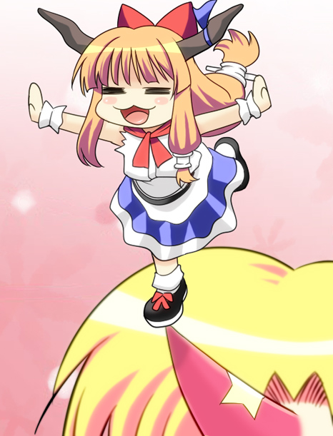 takadoya, hoshiguma yuugi, ibuki suika, touhou, 2girls, :3, = =, balancing, blonde hair, female focus, horns, long hair, mini person, minigirl, multiple girls, orange hair, single horn, wrist cuffs