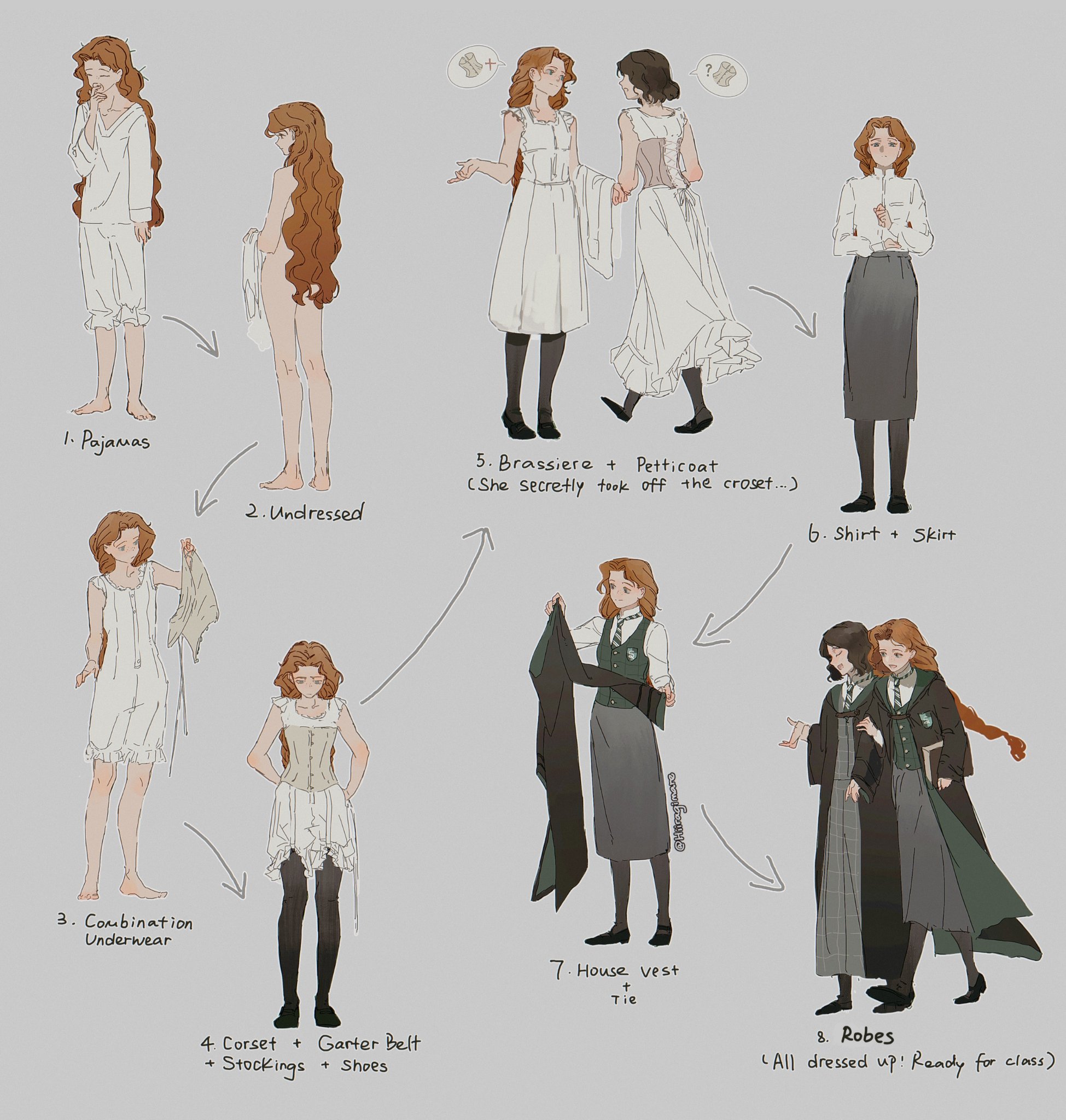 hiiragimare, hogwarts legacy, original, wizarding world, highres, 2girls, black hair, black robe, black shoes, black skirt, black thighhighs, blue eyes, brown corset, collared shirt, corset, dressing, english text, garter belt, green necktie, green vest, grey background, gynger edventray (hiiragimare), hogwarts school uniform, hooded robe, image in speech bubble, long hair, long skirt, looking at another, looking at object, mary janes, multiple girls, multiple views, necktie, nude, pajamas, petticoat, ponytail, red hair, robe, school uniform, shirt, shoes, short hair, simple background, skirt, standing, thighhighs, underwear, undressing, vest, violet mcdowell, walking, white pajamas, white shirt