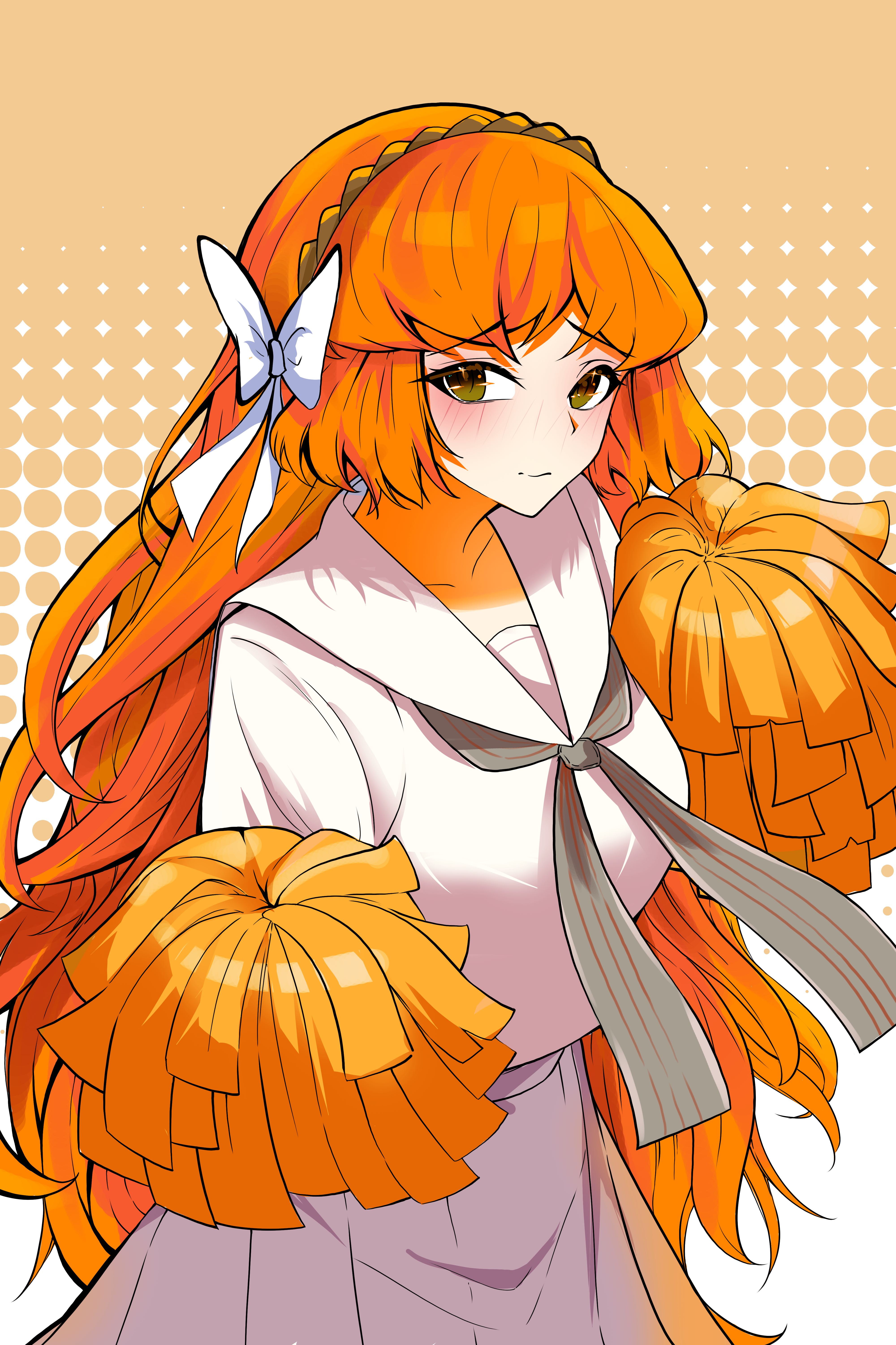 ayamiya, ishmael (project moon), limbus company, project moon, absurdres, highres, 1girl, blush, bow, brown hairband, closed mouth, collared shirt, cowboy shot, green eyes, grey neckerchief, hair bow, hairband, looking at viewer, neckerchief, pleated skirt, pom pom (cheerleading), rope, sailor collar, shirt, skirt, smile, solo, white bow, white sailor collar, white shirt, white skirt