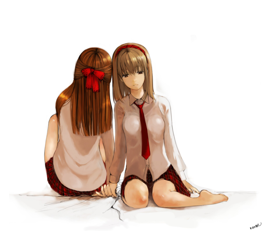 nobusnow, original, bad id, bad pixiv id, 2girls, barefoot, brown hair, hair ribbon, hairband, holding hands, kneeling, long hair, multiple girls, necktie, ribbon, short hair, sitting, skirt