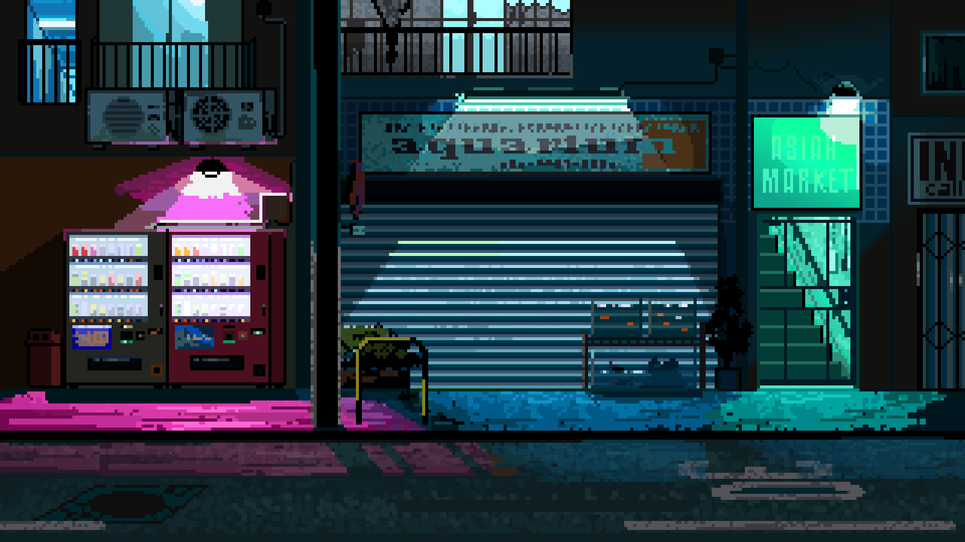 original, hashtag-only commentary, highres, balcony, building, condenser unit, garage, kroizzz, night, no humans, pixel art, railing, road, scenery, sign, street, vending machine