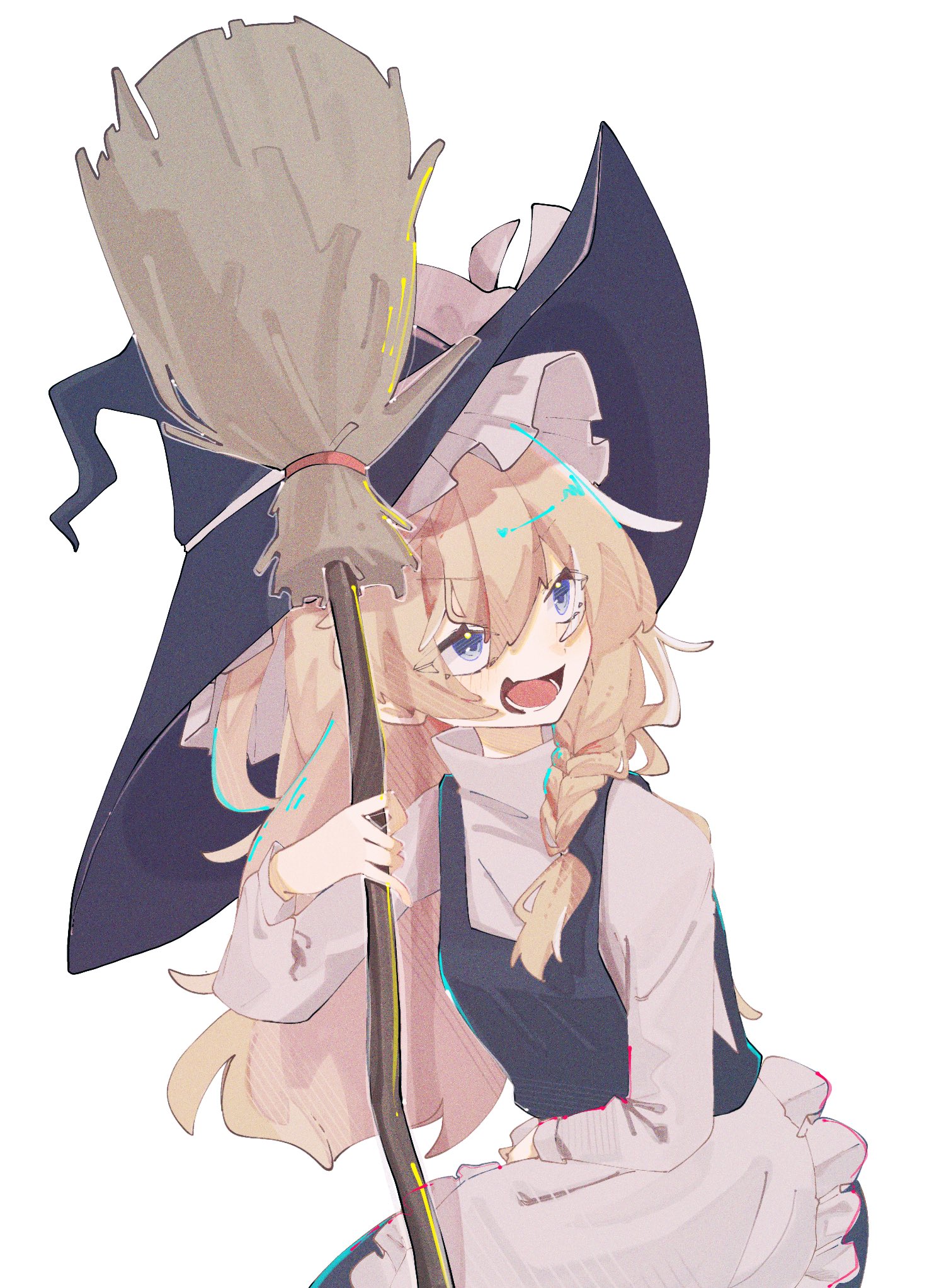 nanashi 1104, kirisame marisa, touhou, commentary, highres, 1girl, apron, black hat, black skirt, black vest, blonde hair, blue eyes, bow, braid, braided sidelock, broom, frilled apron, frills, hat, hat bow, holding, holding broom, long hair, looking to the side, open mouth, simple background, sitting, skirt, solo, vest, white apron, white background, white bow, witch hat