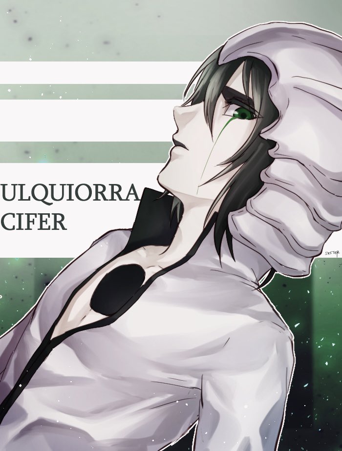 1046sstep btoh, ulquiorra cifer, bleach, commentary request, 1boy, black hair, green eyes, hole in chest, hole on body, male focus, medium hair, pale skin, profile, solo, upper body