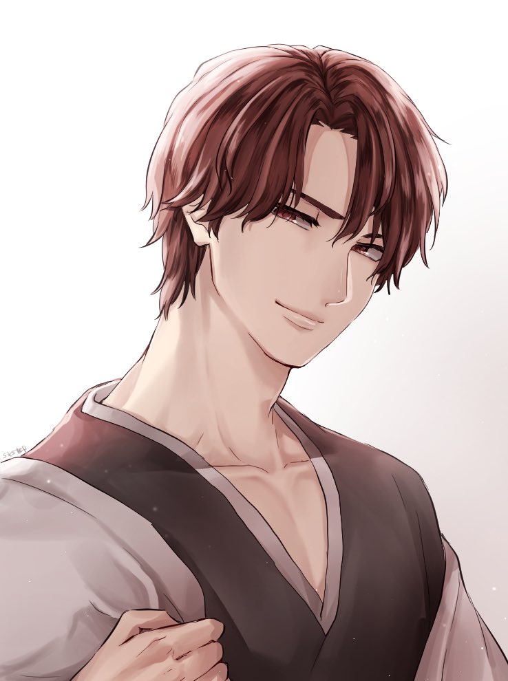 1046sstep btoh, aizen sousuke, bleach, commentary request, 1boy, brown eyes, brown hair, collarbone, head tilt, japanese clothes, male focus, portrait, signature, simple background, smile, solo, white background