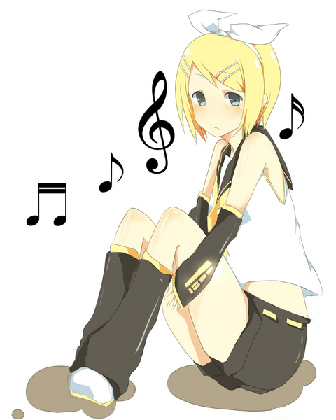 mono (recall), kagamine rin, vocaloid, 1girl, blonde hair, female focus, musical note, short hair, solo