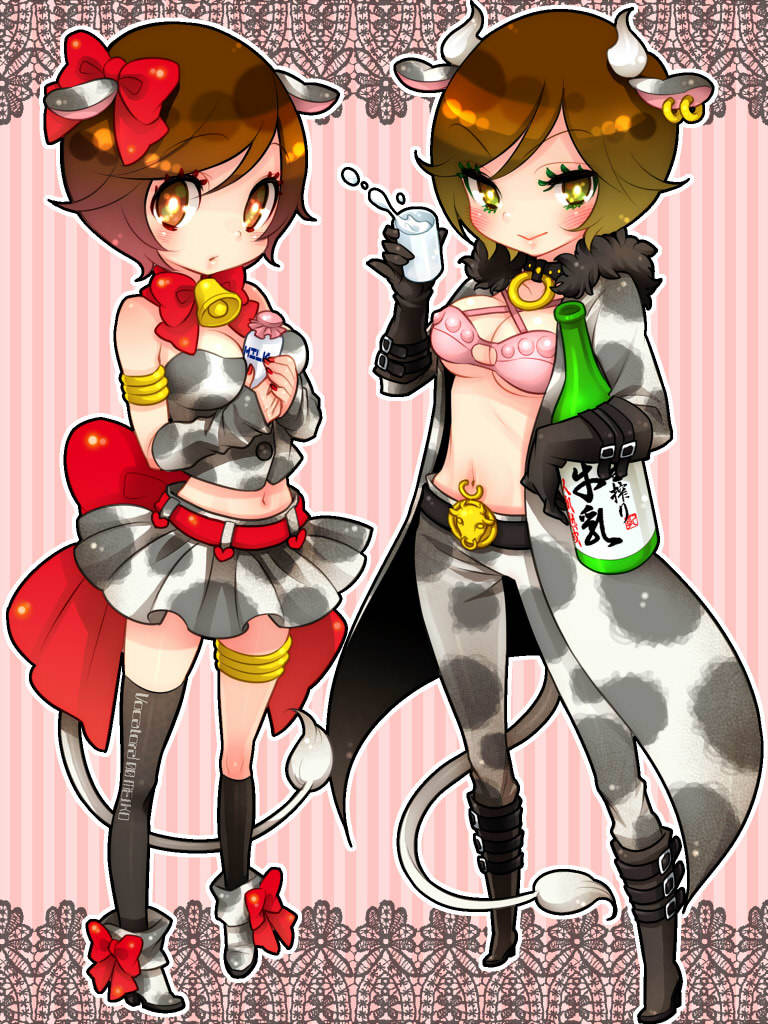 ebira (ruvie), meiko (vocaloid), sakine meiko, vocaloid, 2girls, aged down, animal ears, asymmetrical clothes, bell, belt, boots, bottle, breasts, brown eyes, brown hair, cleavage, coat, cow ears, cow girl, dual persona, earrings, ebira (piapro), gloves, hair ribbon, jewelry, midriff, milk, multiple girls, pants, ribbon, short hair, single thighhigh, skirt, smile, tail, thighhighs, time paradox